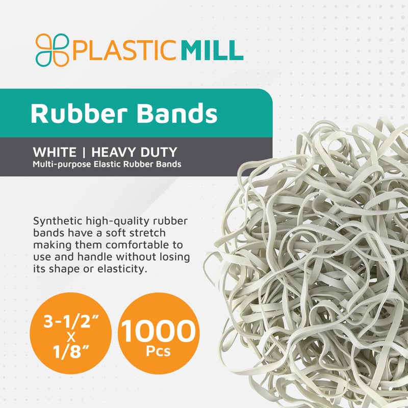 PlasticMill White Rubber Bands Size 33 (3 1/2" x 1/8") - #33 Rubber Bands Office Supplies - Strong, Elastic Bands for Crafts, Balloon Garland, Cash, File Folders (1,000-Pack) - Image 2